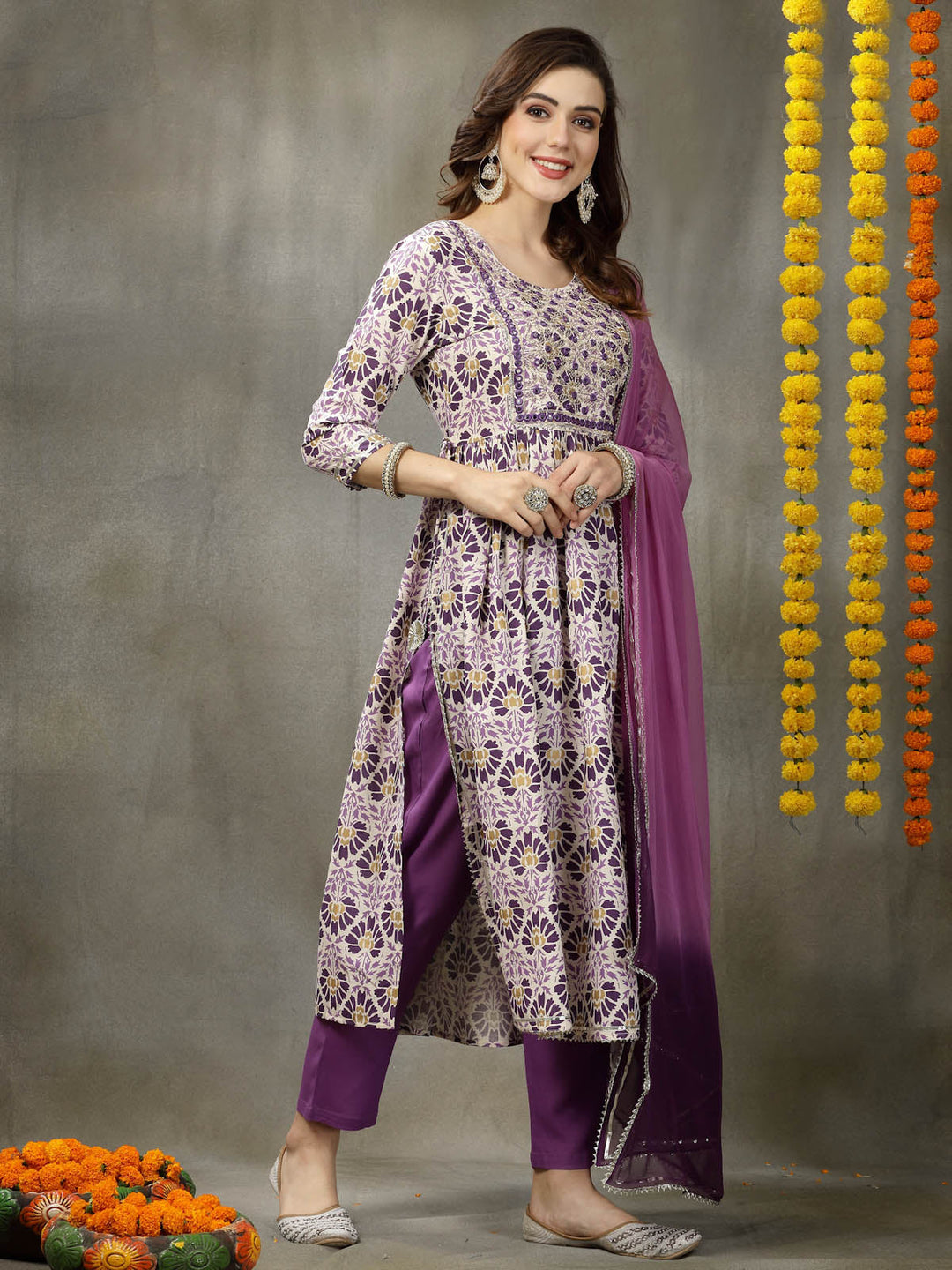 Printed &amp; Embroidered Rayon Naira Cut Kurta Pant Dupatta Set