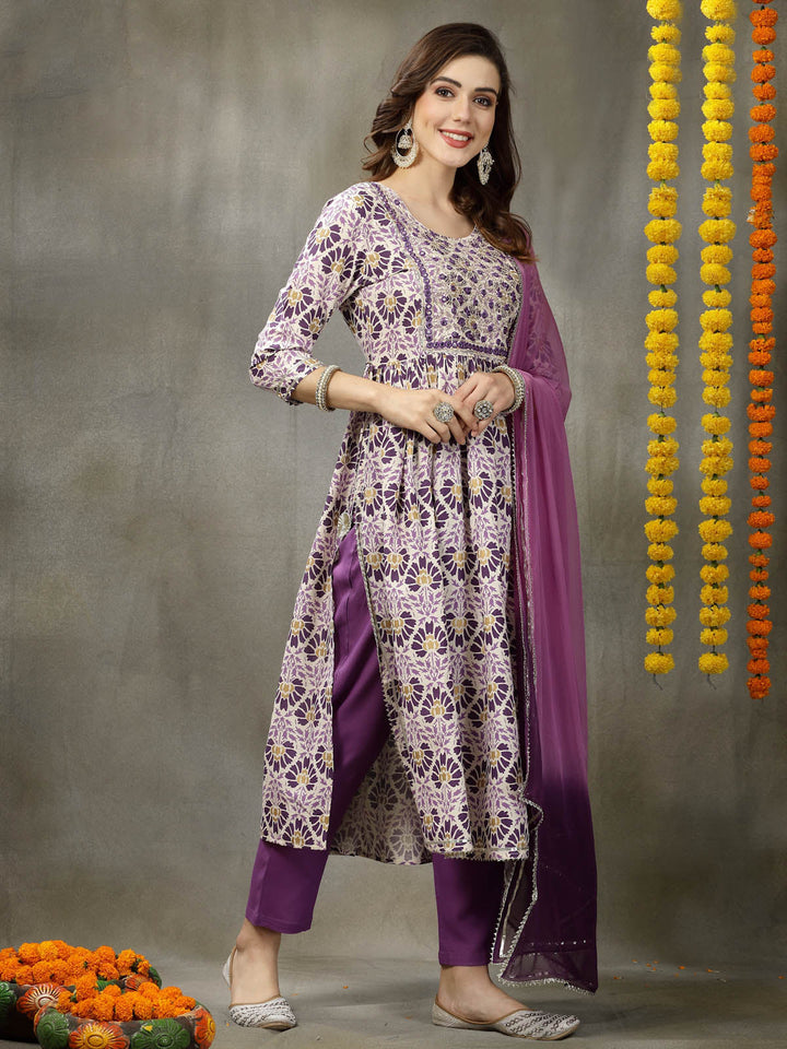 Printed &amp; Embroidered Rayon Naira Cut Kurta Pant Dupatta Set