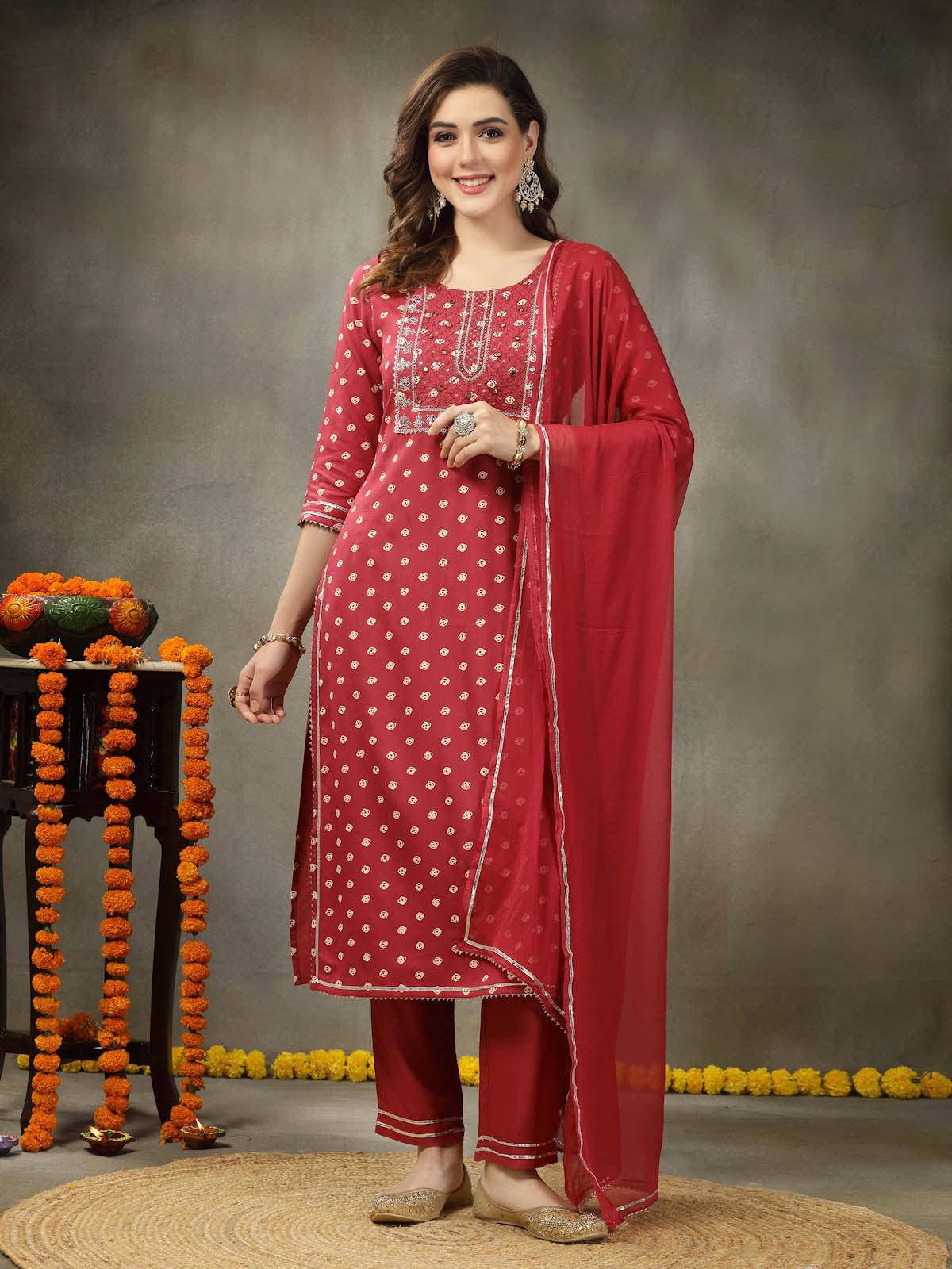 Bandhej Printed & Embroidered Rayon Straight Kurta Pant Dupatta Set (Pre-Order)