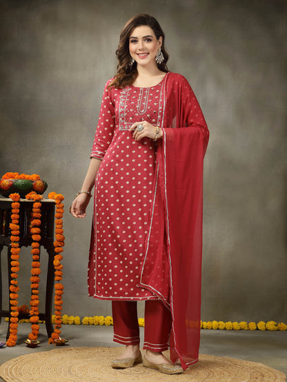 Bandhej Printed & Embroidered Rayon Straight Kurta Pant Dupatta Set (Pre-Order)
