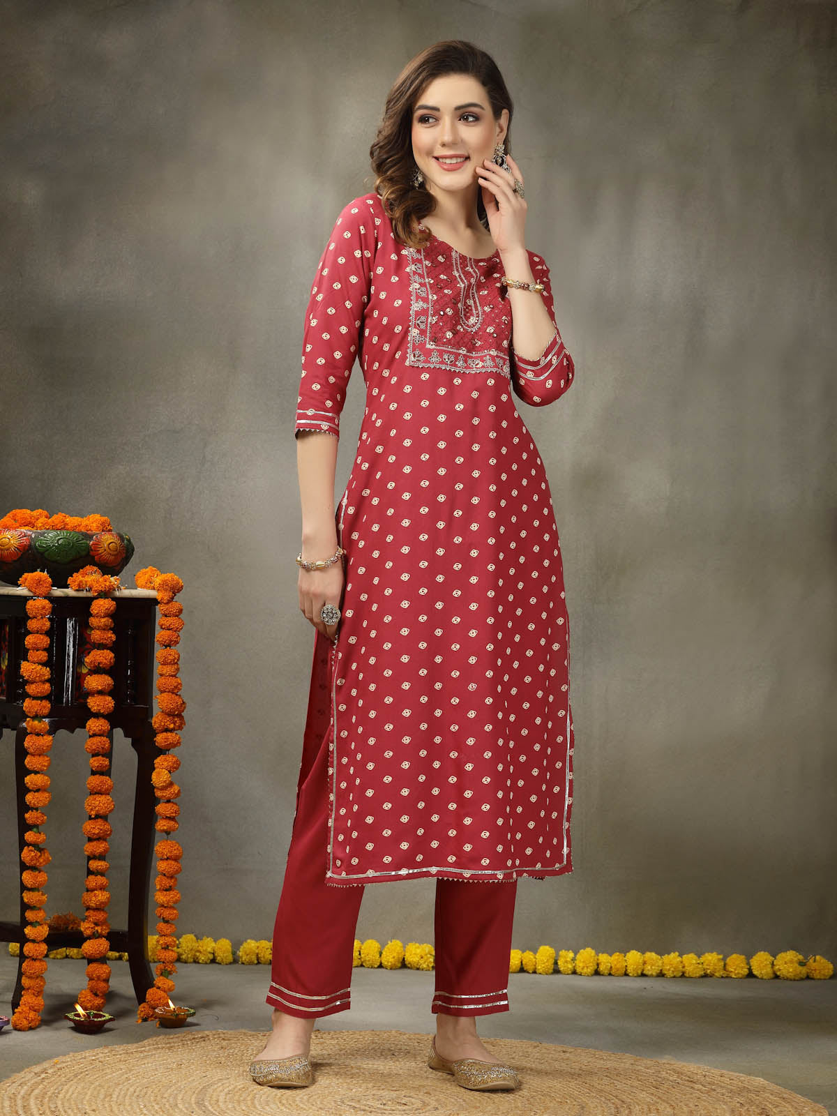 Bandhej Printed & Embroidered Rayon Straight Kurta Pant Dupatta Set (Pre-Order)