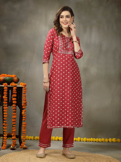Bandhej Printed & Embroidered Rayon Straight Kurta Pant Dupatta Set (Pre-Order)