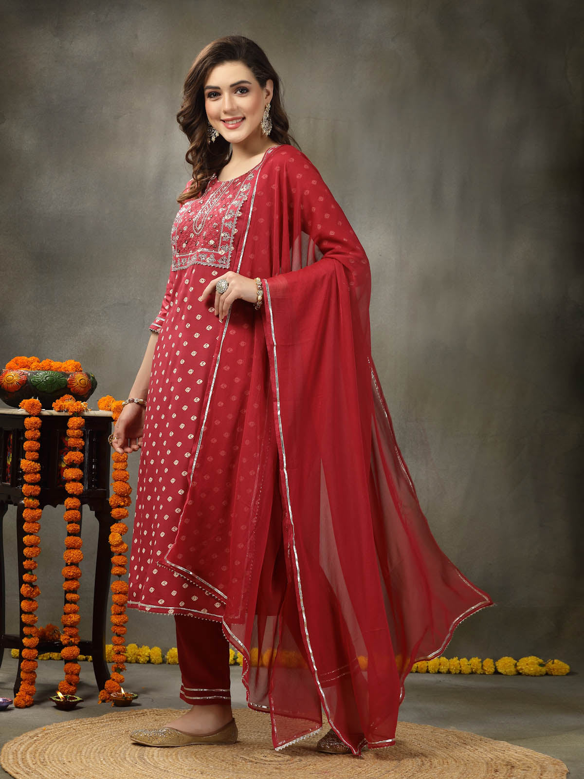 Bandhej Printed & Embroidered Rayon Straight Kurta Pant Dupatta Set (Pre-Order)