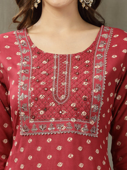 Bandhej Printed & Embroidered Rayon Straight Kurta Pant Dupatta Set (Pre-Order)