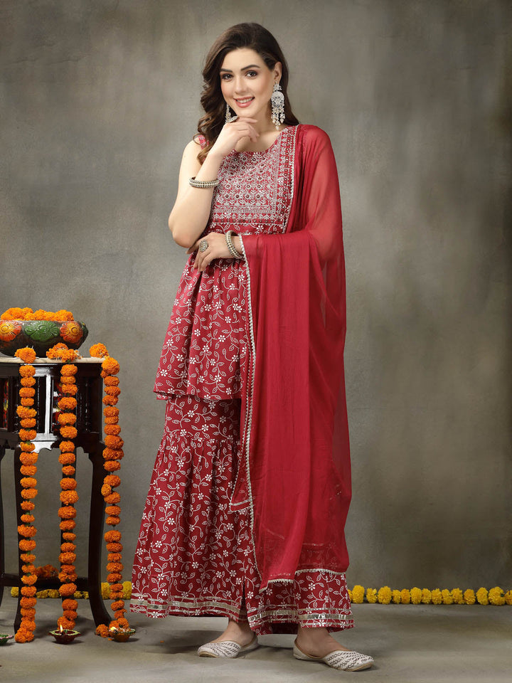 Floral Printed &amp; Embroidered Rayon Pleated Kurta Sharara Dupatta Set