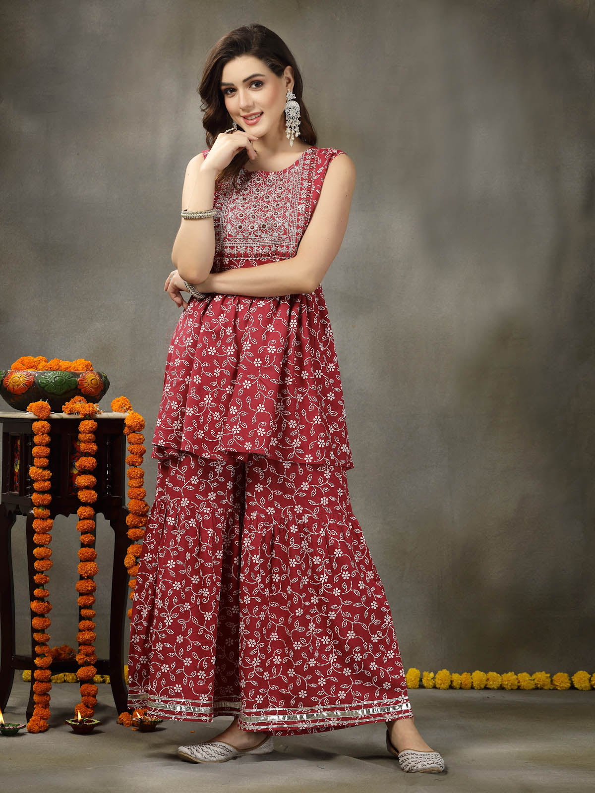 Floral Printed & Embroidered Rayon Pleated Kurta Sharara Dupatta Set (Pre-Order)