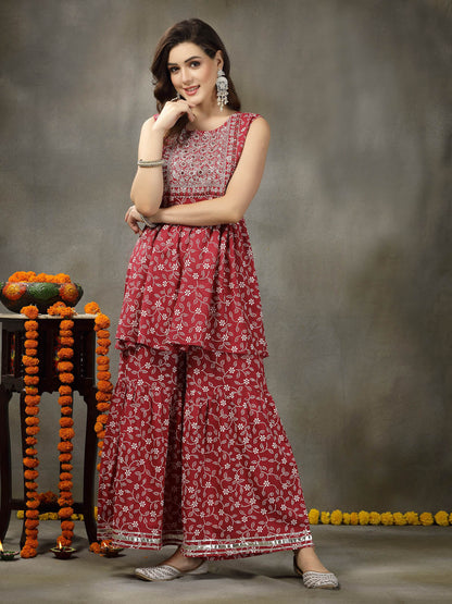 Floral Printed & Embroidered Rayon Pleated Kurta Sharara Dupatta Set (Pre-Order)