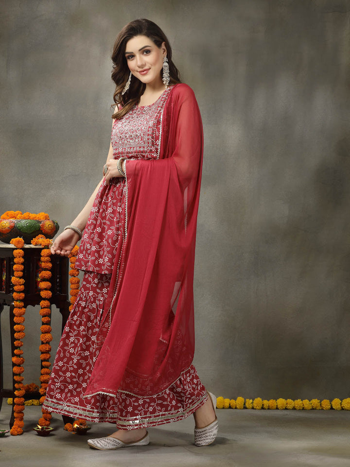 Floral Printed &amp; Embroidered Rayon Pleated Kurta Sharara Dupatta Set