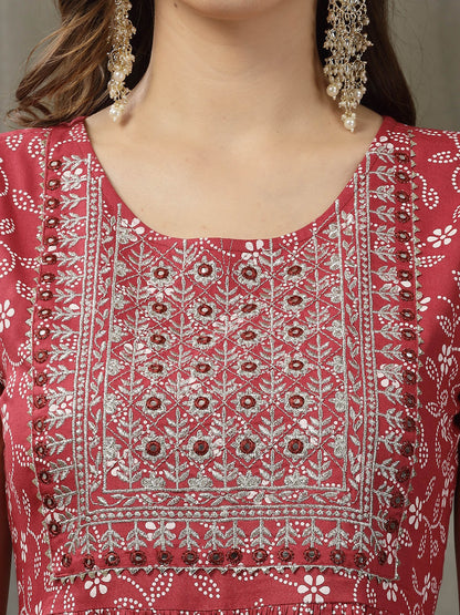 Floral Printed & Embroidered Rayon Pleated Kurta Sharara Dupatta Set (Pre-Order)