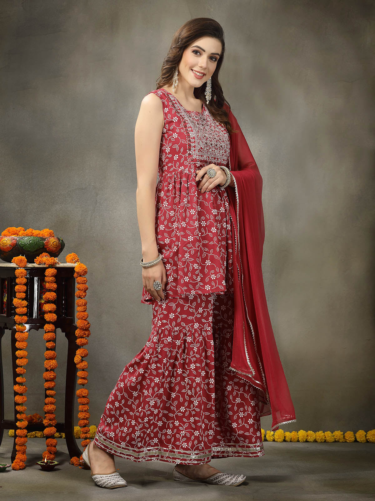 Floral Printed & Embroidered Rayon Pleated Kurta Sharara Dupatta Set (Pre-Order)