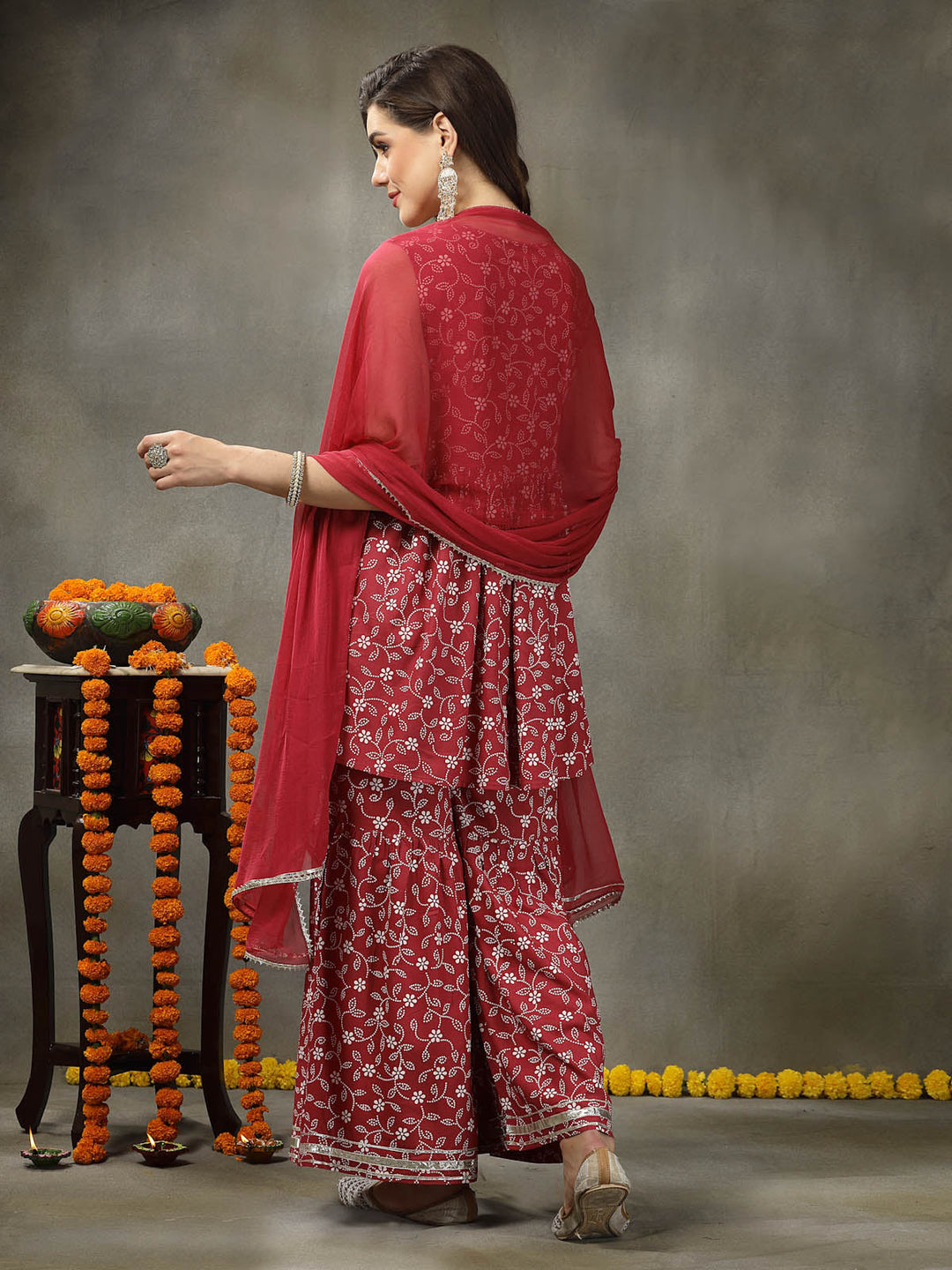 Floral Printed &amp; Embroidered Rayon Pleated Kurta Sharara Dupatta Set