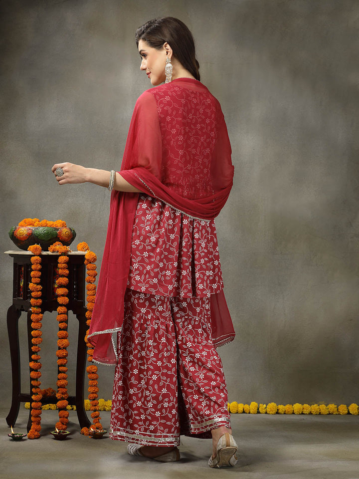 Floral Printed &amp; Embroidered Rayon Pleated Kurta Sharara Dupatta Set