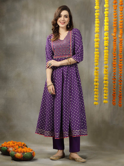 Bandhej Printed & Embroidered Rayon Anarkali Kurta Pant Dupatta Set (Pre-Order)