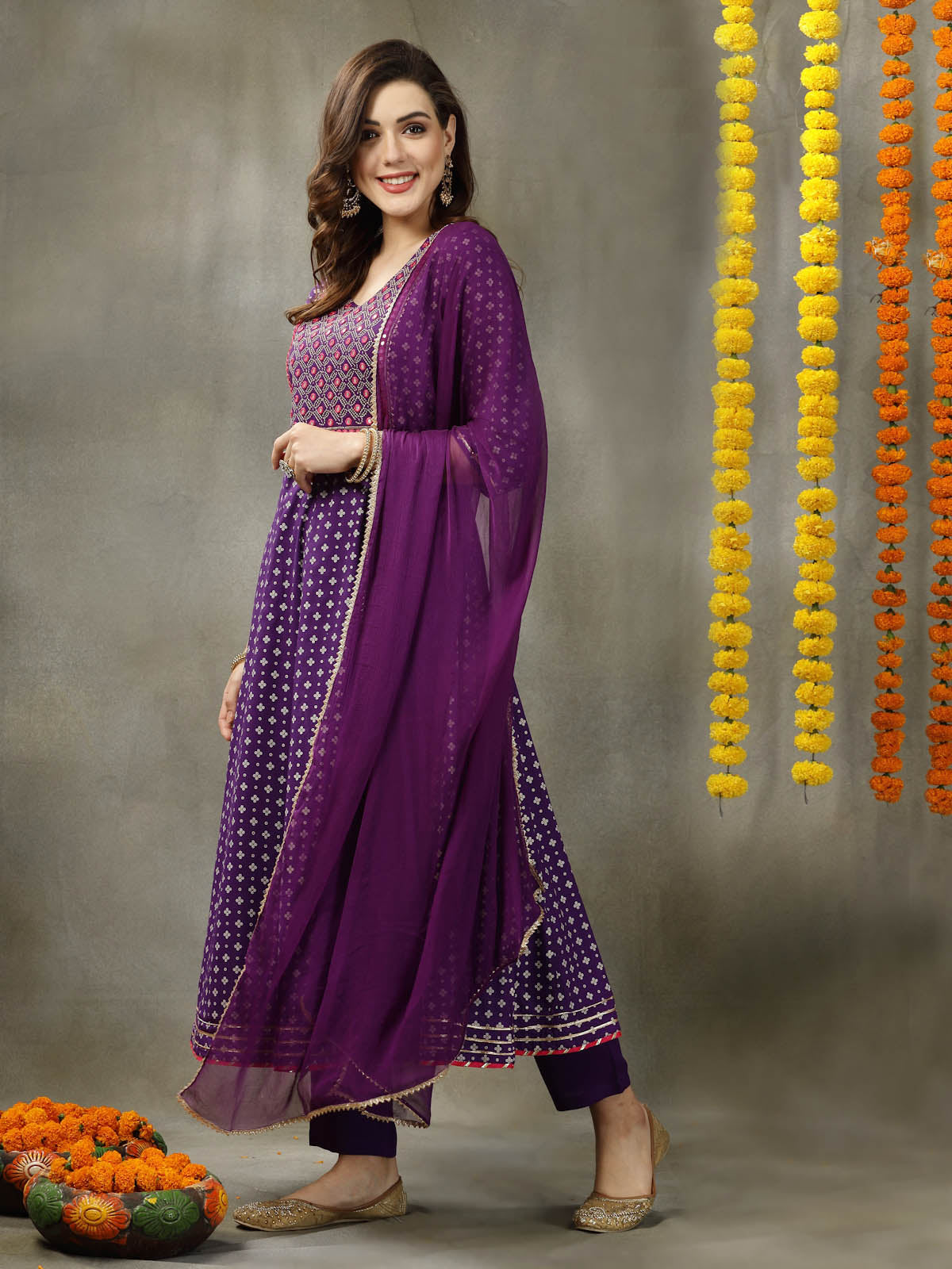 Bandhej Printed & Embroidered Rayon Anarkali Kurta Pant Dupatta Set (Pre-Order)