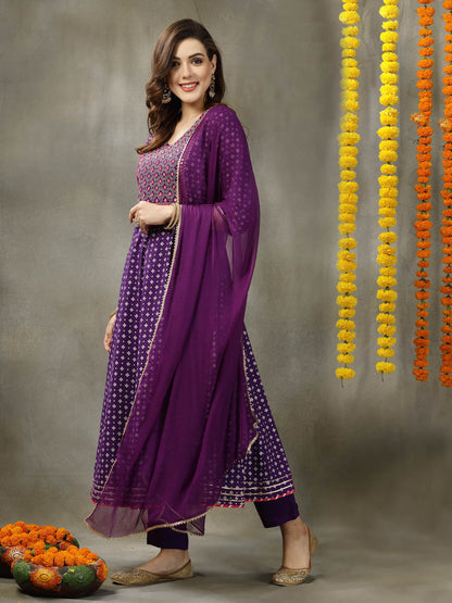 Bandhej Printed & Embroidered Rayon Anarkali Kurta Pant Dupatta Set (Pre-Order)