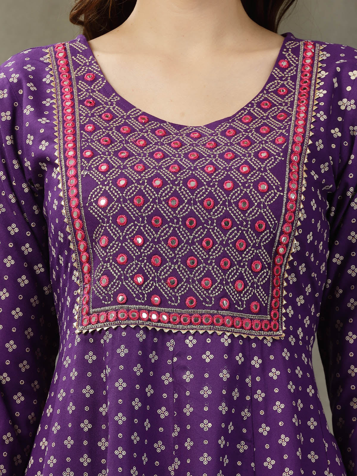 Bandhej Printed & Embroidered Rayon Anarkali Kurta Pant Dupatta Set (Pre-Order)