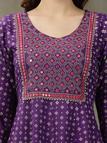 Bandhej Printed & Embroidered Rayon Anarkali Kurta Pant Dupatta Set (Pre-Order)