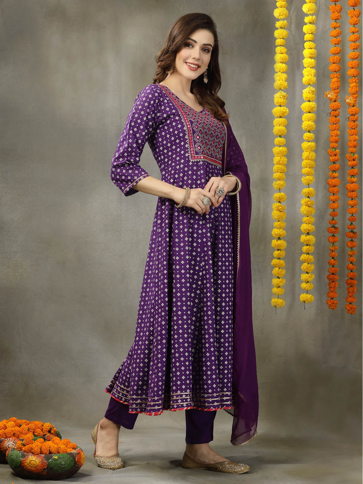 Bandhej Printed & Embroidered Rayon Anarkali Kurta Pant Dupatta Set (Pre-Order)
