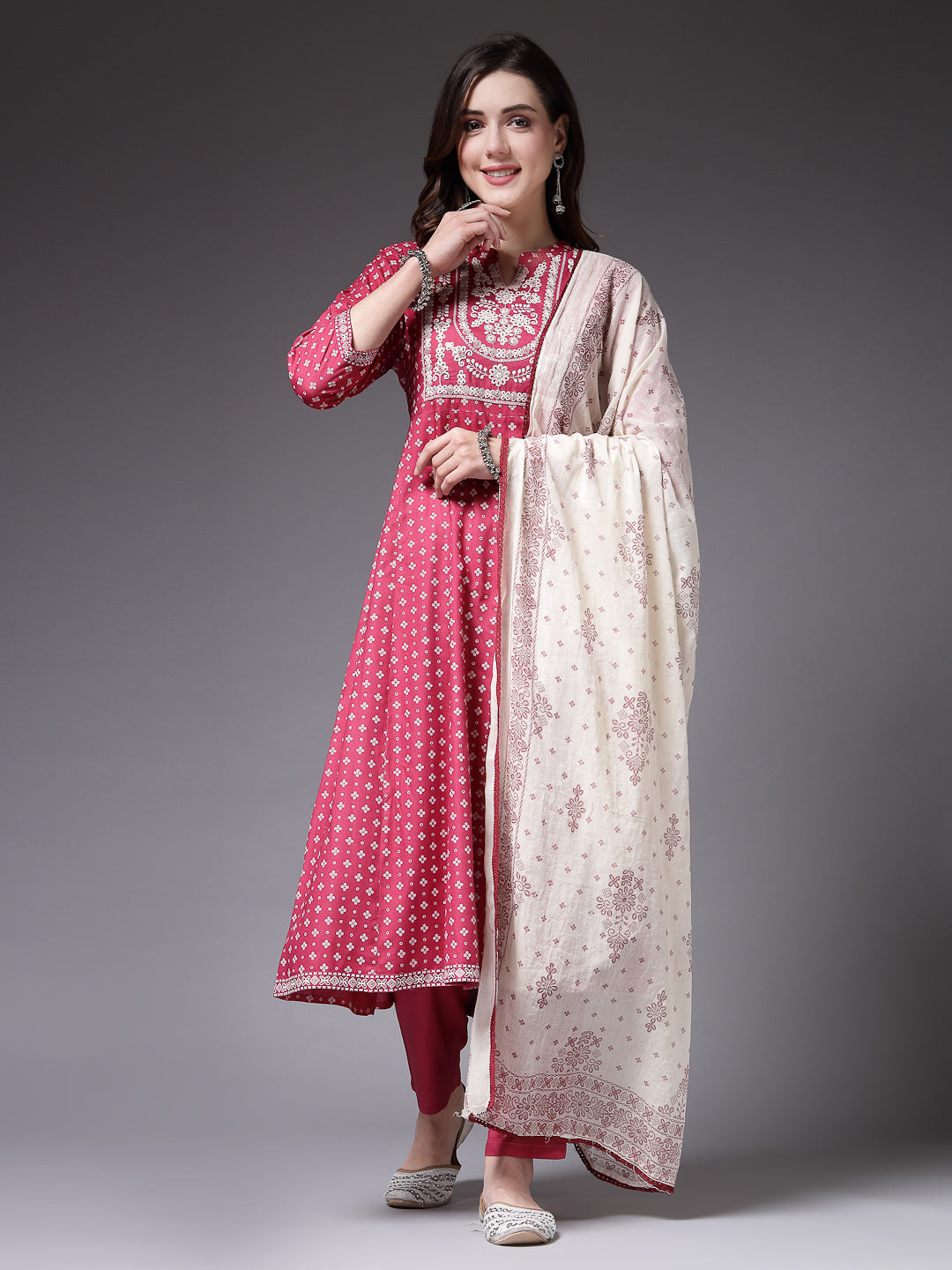 Bandhej Printed & Embroidered Rayon Anarkali Kurta Pant Dupatta Set (Pre-Order)