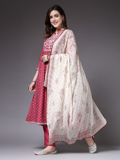 Bandhej Printed & Embroidered Rayon Anarkali Kurta Pant Dupatta Set (Pre-Order)