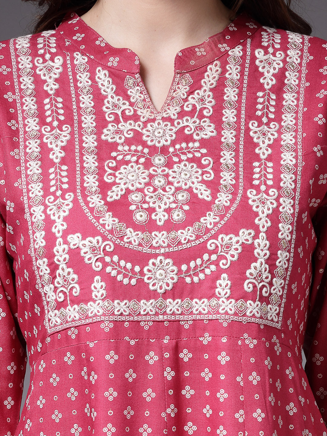 Bandhej Printed & Embroidered Rayon Anarkali Kurta Pant Dupatta Set (Pre-Order)