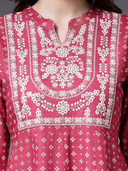 Bandhej Printed & Embroidered Rayon Anarkali Kurta Pant Dupatta Set (Pre-Order)