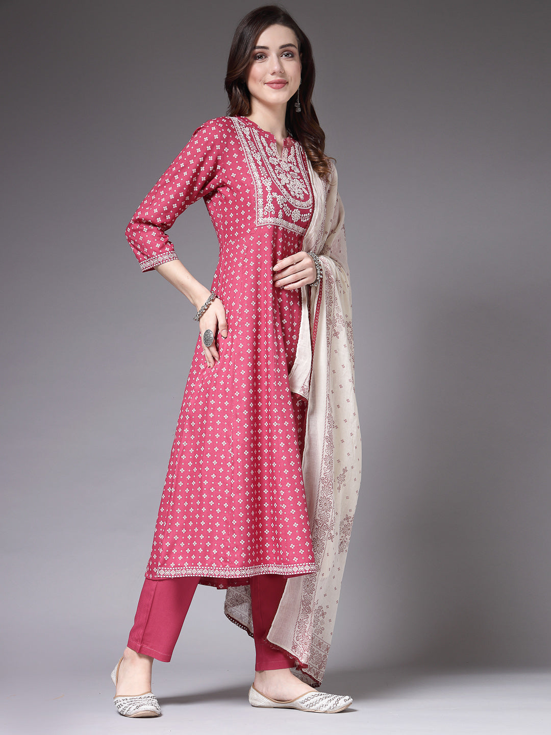 Bandhej Printed & Embroidered Rayon Anarkali Kurta Pant Dupatta Set (Pre-Order)