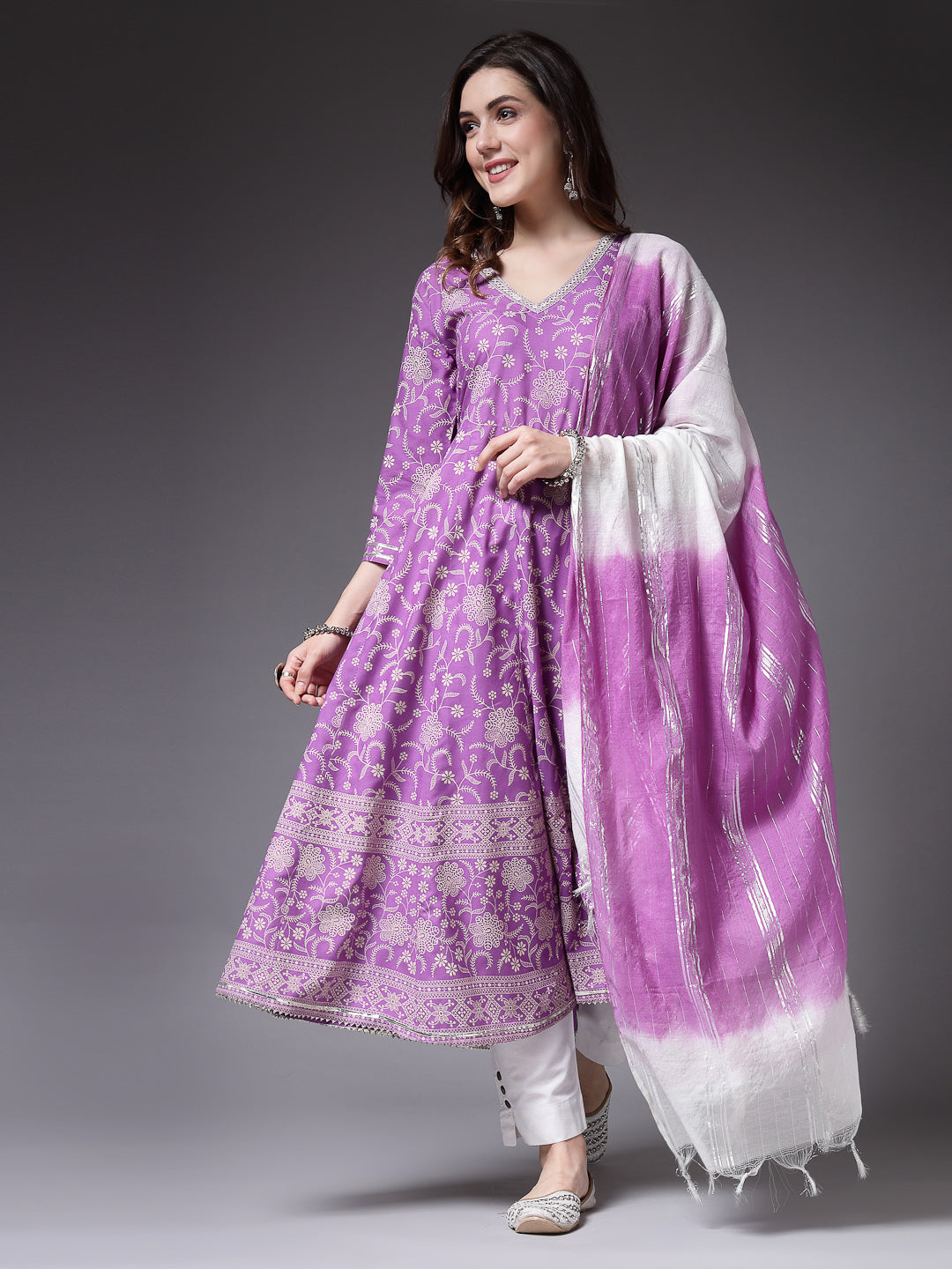 Floral Printed Rayon Anarkali Kurta Pant Dupatta Set (Pre-Order)