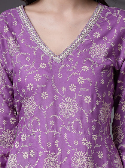 Floral Printed Rayon Anarkali Kurta Pant Dupatta Set