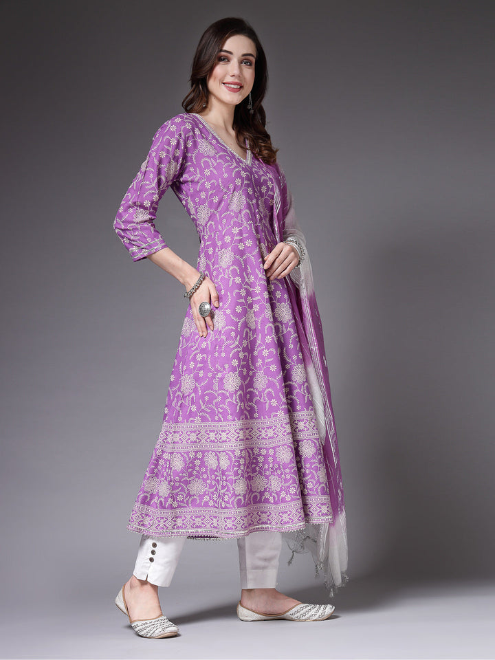 Floral Printed Rayon Anarkali Kurta Pant Dupatta Set