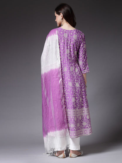 Floral Printed Rayon Anarkali Kurta Pant Dupatta Set