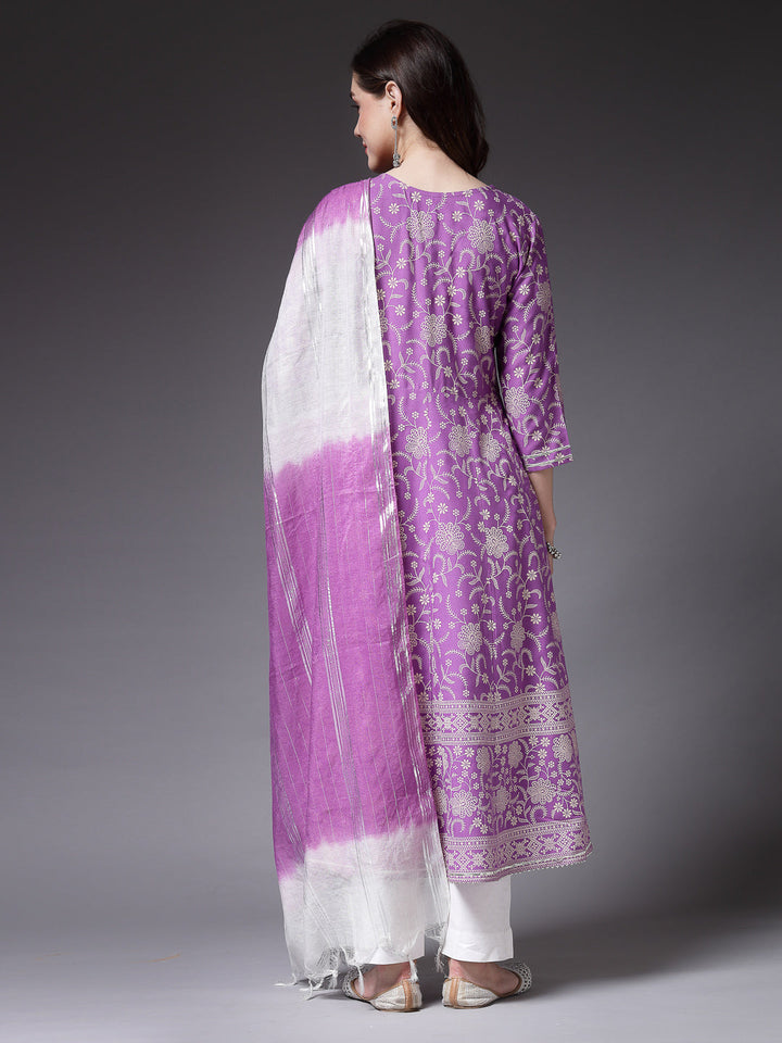 Floral Printed Rayon Anarkali Kurta Pant Dupatta Set