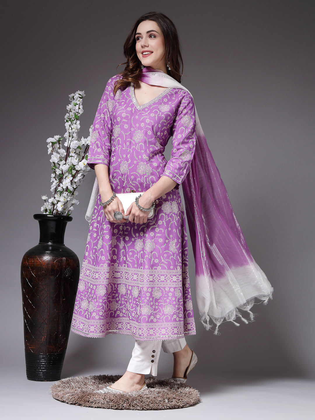 Floral Printed Rayon Anarkali Kurta Pant Dupatta Set