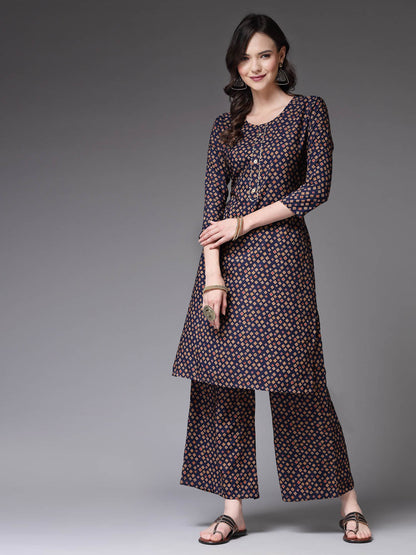 Printed Poly Crepe Straight Kurta Palazzo Set (Pre-Order)