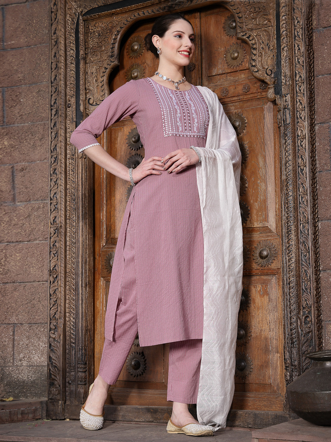 Kantha Work &amp; Embroidered Cotton Straight Kurta Pant Dupatta Set