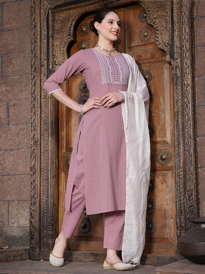 Kantha Work & Embroidered Cotton Straight Kurta Pant Dupatta Set (Pre-Order)