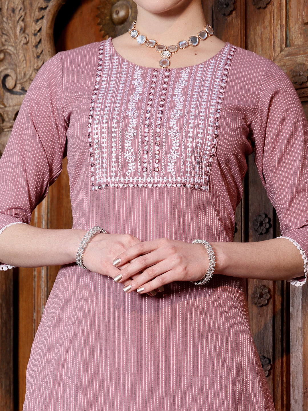 Kantha Work &amp; Embroidered Cotton Straight Kurta Pant Dupatta Set