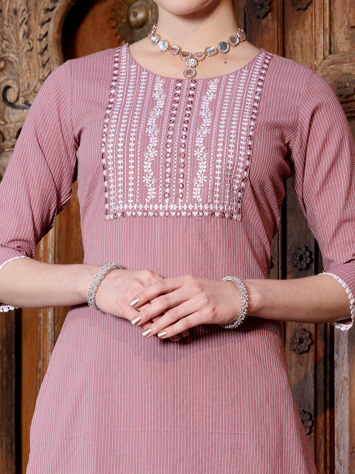 Kantha Work &amp; Embroidered Cotton Straight Kurta Pant Dupatta Set