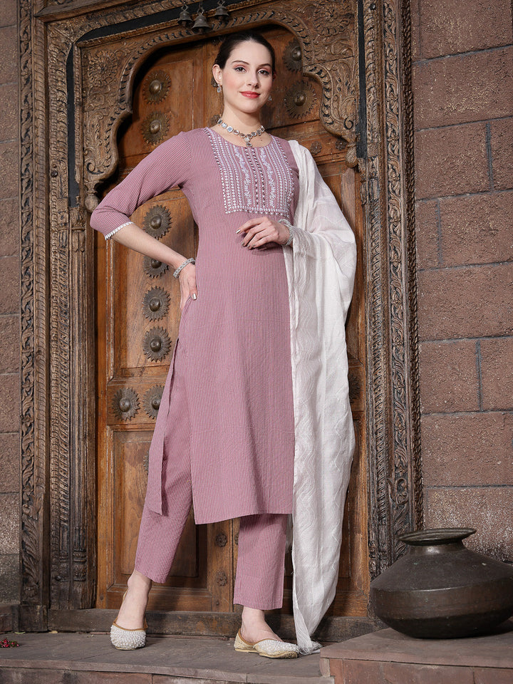Kantha Work &amp; Embroidered Cotton Straight Kurta Pant Dupatta Set