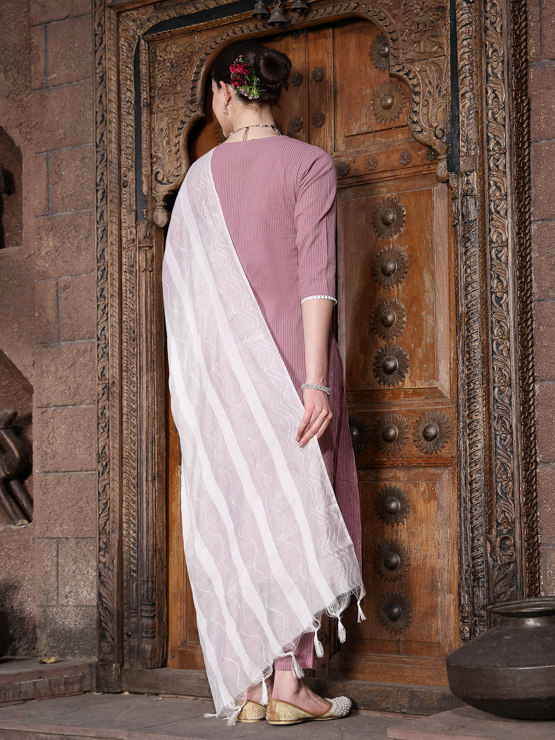 Kantha Work &amp; Embroidered Cotton Straight Kurta Pant Dupatta Set