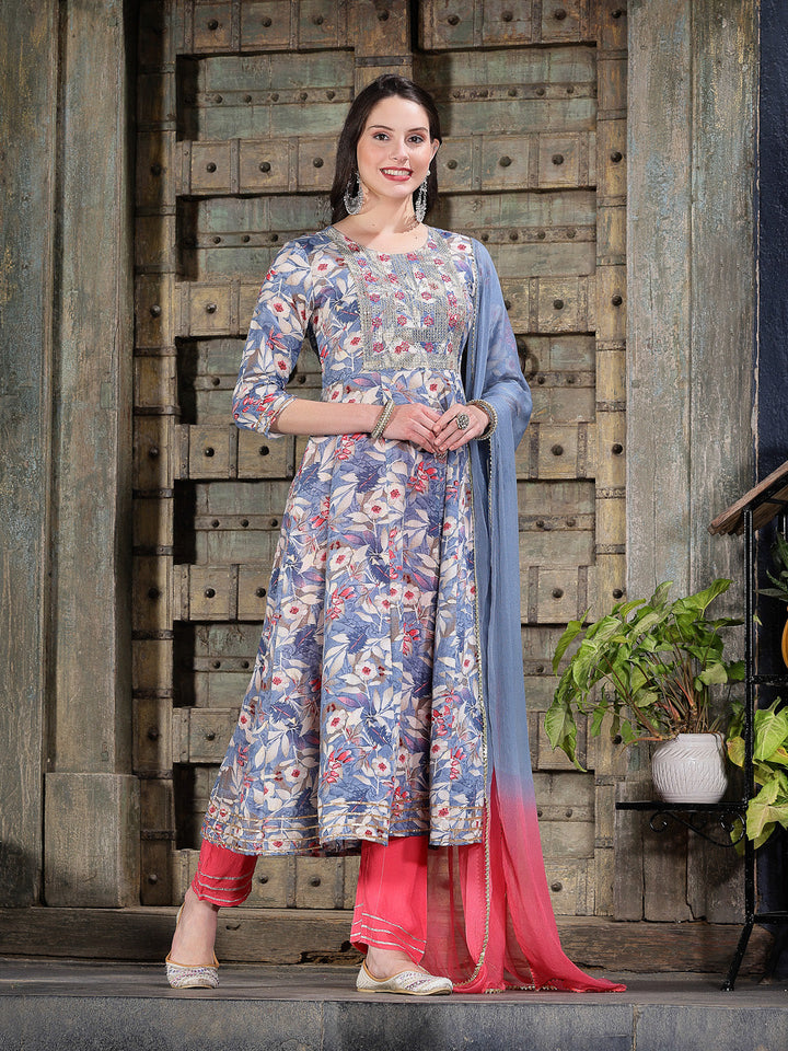 Floral Printed &amp; Embroidered Cotton Blend Anarkali Kurta Pant Dupatta Set