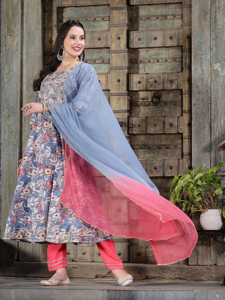 Floral Printed &amp; Embroidered Cotton Blend Anarkali Kurta Pant Dupatta Set