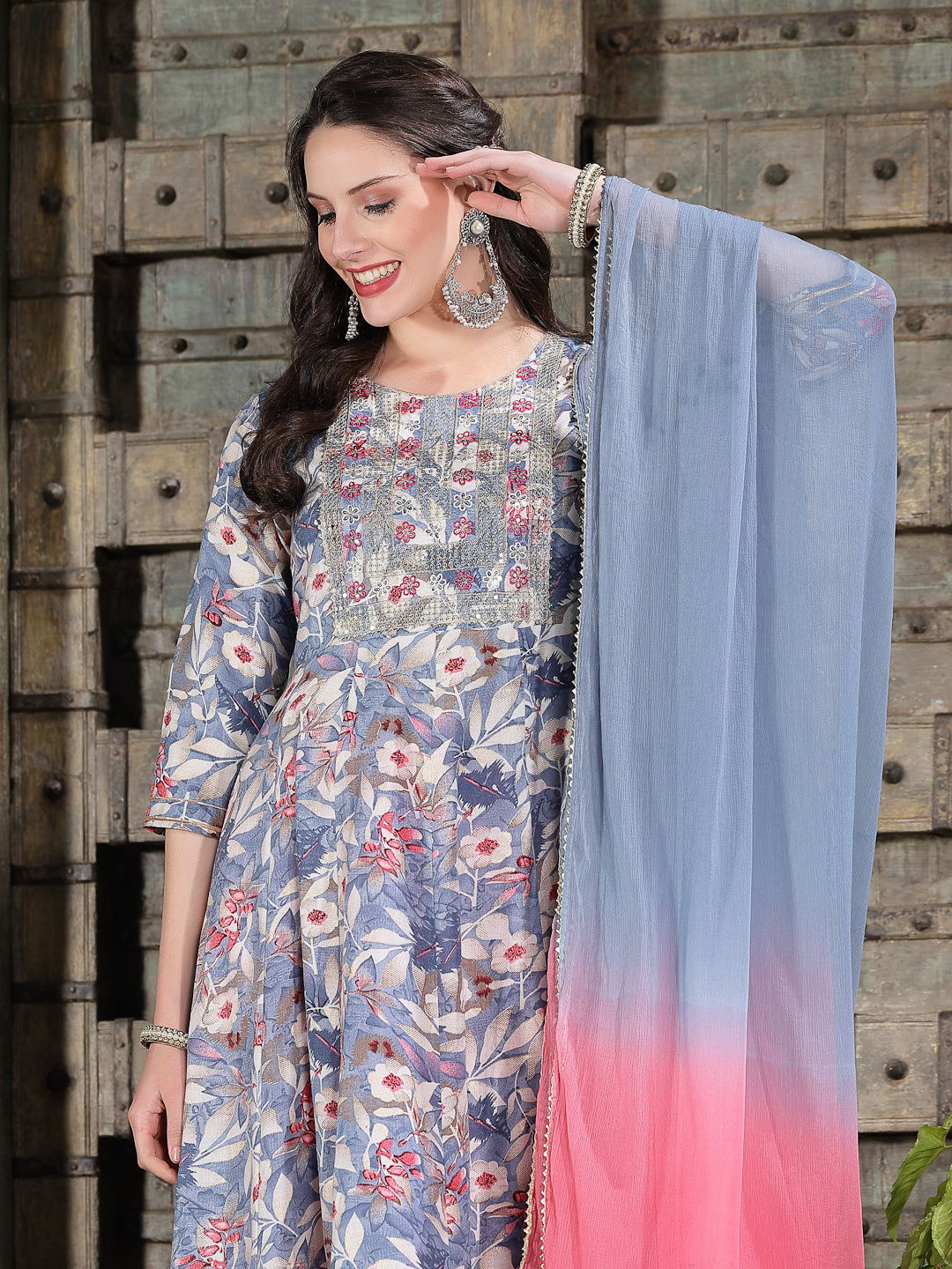 Floral Printed &amp; Embroidered Cotton Blend Anarkali Kurta Pant Dupatta Set