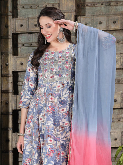 Floral Printed & Embroidered Cotton Blend Anarkali Kurta Pant Dupatta Set (Pre-Order)