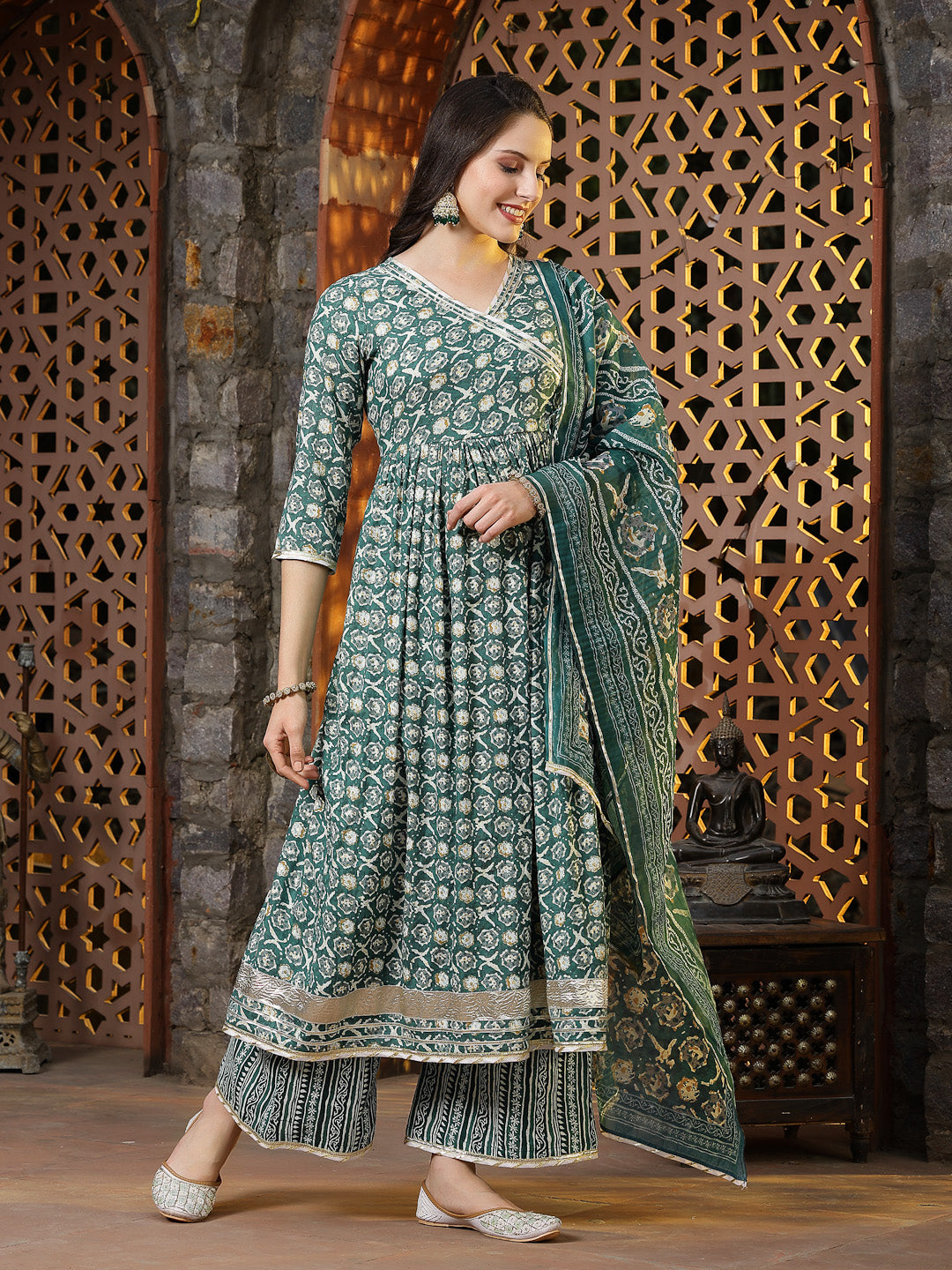 Floral Printed Cotton Blend Angrakha Kurta Palazzo Dupatta Set (Pre-Order)