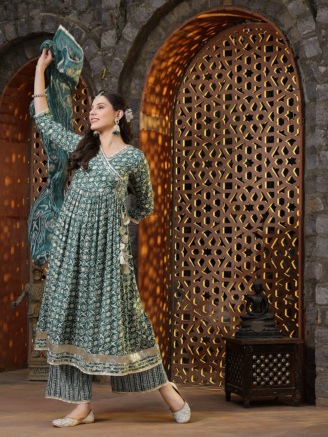 Floral Printed Cotton Blend Angrakha Kurta Palazzo Dupatta Set (Pre-Order)