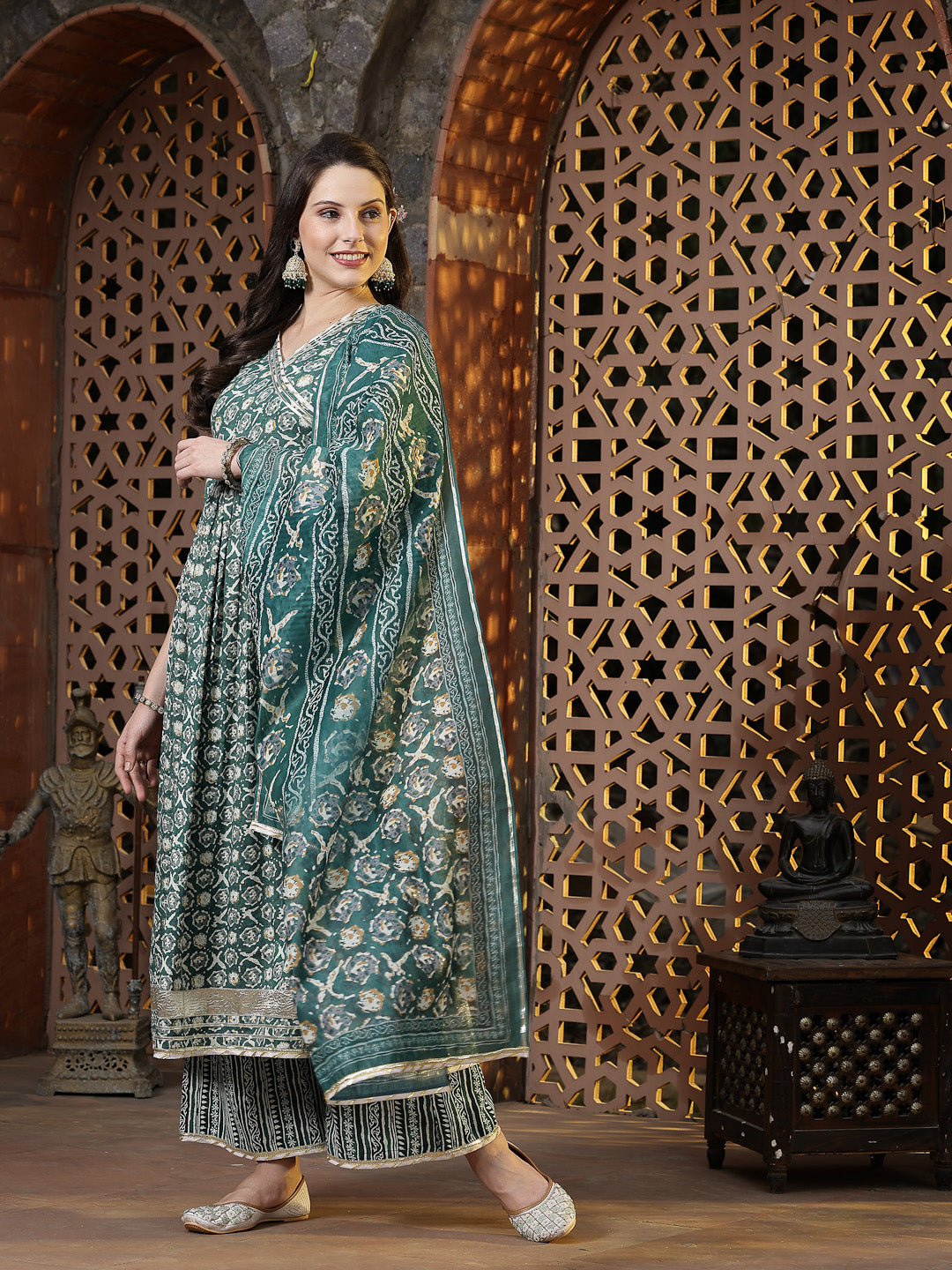 Floral Printed Cotton Blend Angrakha Kurta Palazzo Dupatta Set (Pre-Order)