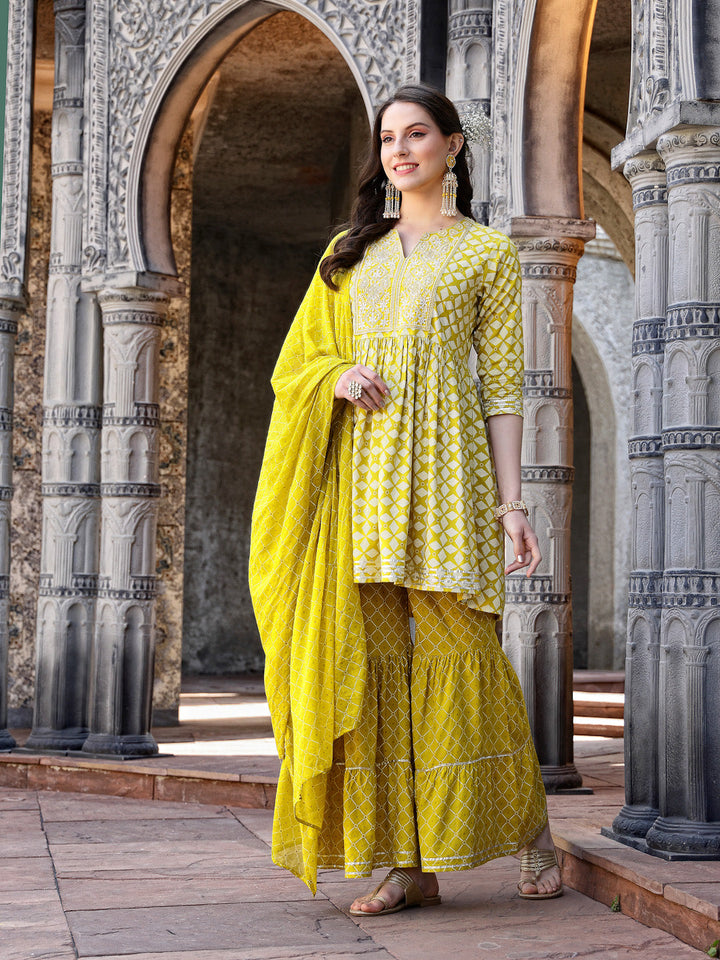 Geometric Printed &amp; Embroidered Rayon Pleated Kurta Sharara Dupatta Set
