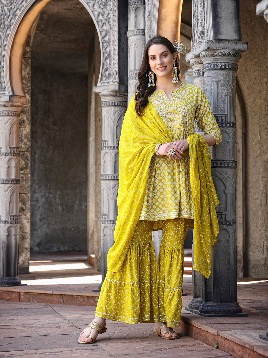 Geometric Printed & Embroidered Rayon Pleated Kurta Sharara Dupatta Set (Pre-Order)