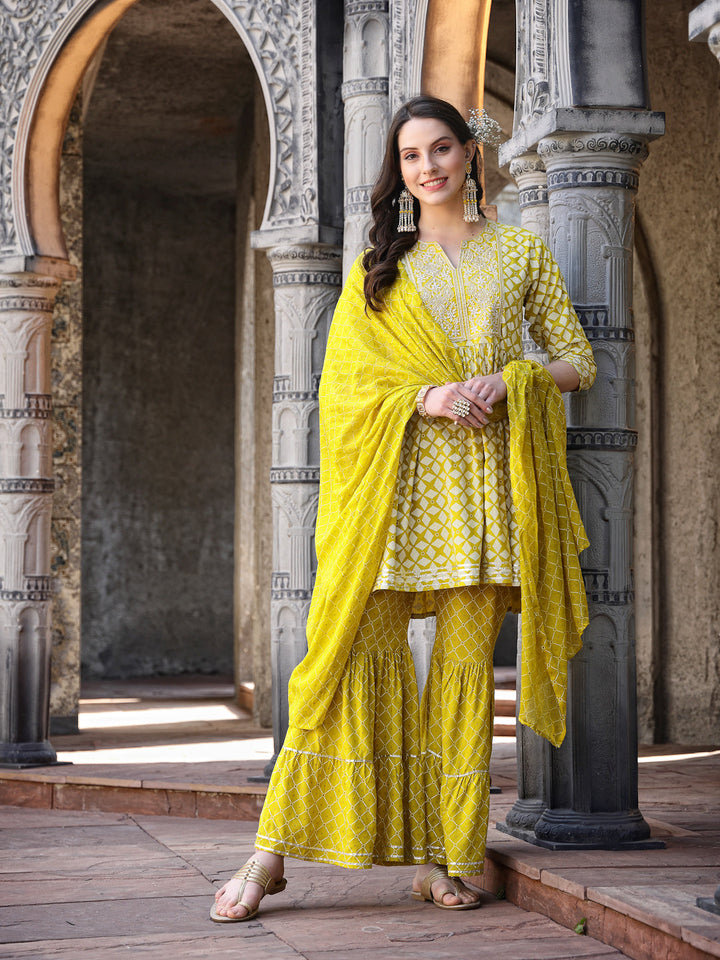 Geometric Printed &amp; Embroidered Rayon Pleated Kurta Sharara Dupatta Set